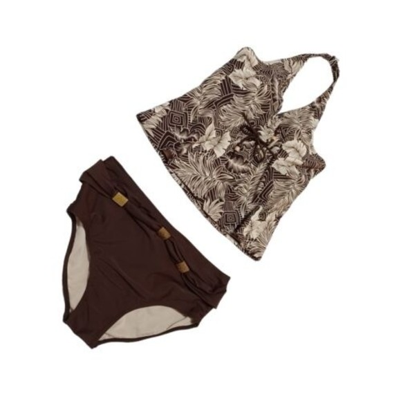 Faded Glory 1x Halter Tankini With Matching Bikini Bottom Brown/Tan Fern Pattern - Picture 4 of 11